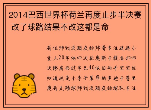 2014巴西世界杯荷兰再度止步半决赛 改了球路结果不改这都是命