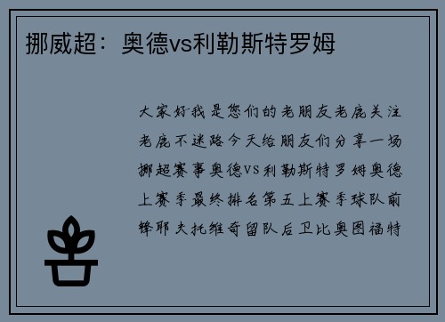 挪威超：奥德vs利勒斯特罗姆