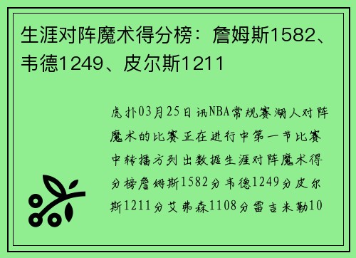 生涯对阵魔术得分榜：詹姆斯1582、韦德1249、皮尔斯1211