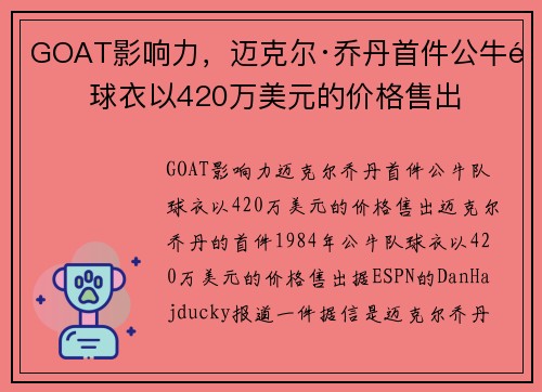 GOAT影响力，迈克尔·乔丹首件公牛队球衣以420万美元的价格售出