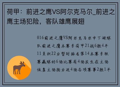 荷甲：前进之鹰VS阿尔克马尔_前进之鹰主场犯险，客队雄鹰展翅