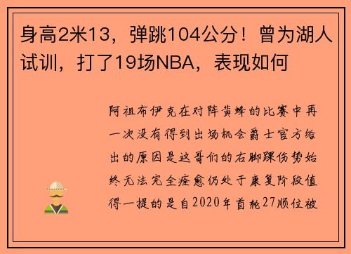 身高2米13，弹跳104公分！曾为湖人试训，打了19场NBA，表现如何