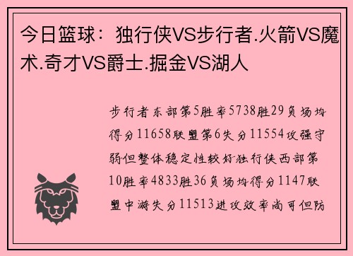 今日篮球：独行侠VS步行者.火箭VS魔术.奇才VS爵士.掘金VS湖人